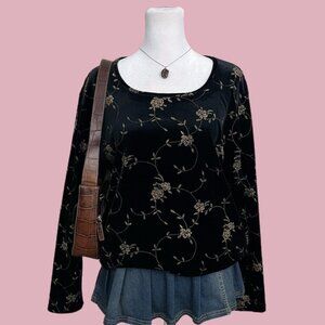 vintage 90s black gold floral velvet whimsygoth grunge long sleeve top